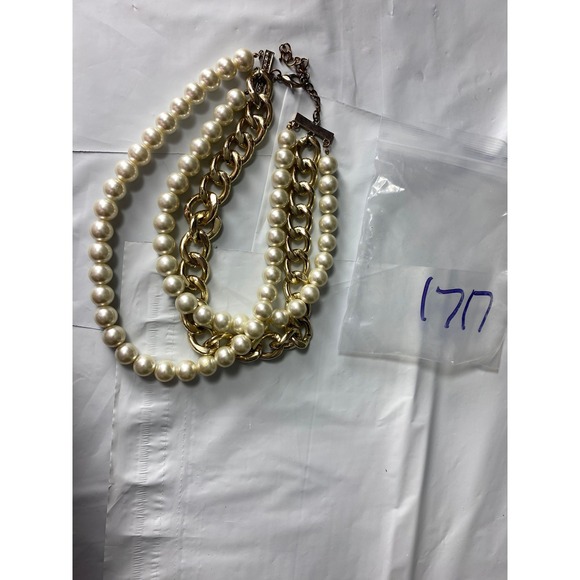 Layered Faux Pearl Gold Tone Curb Chain Necklace Chunky Statement - Picture 2 of 2